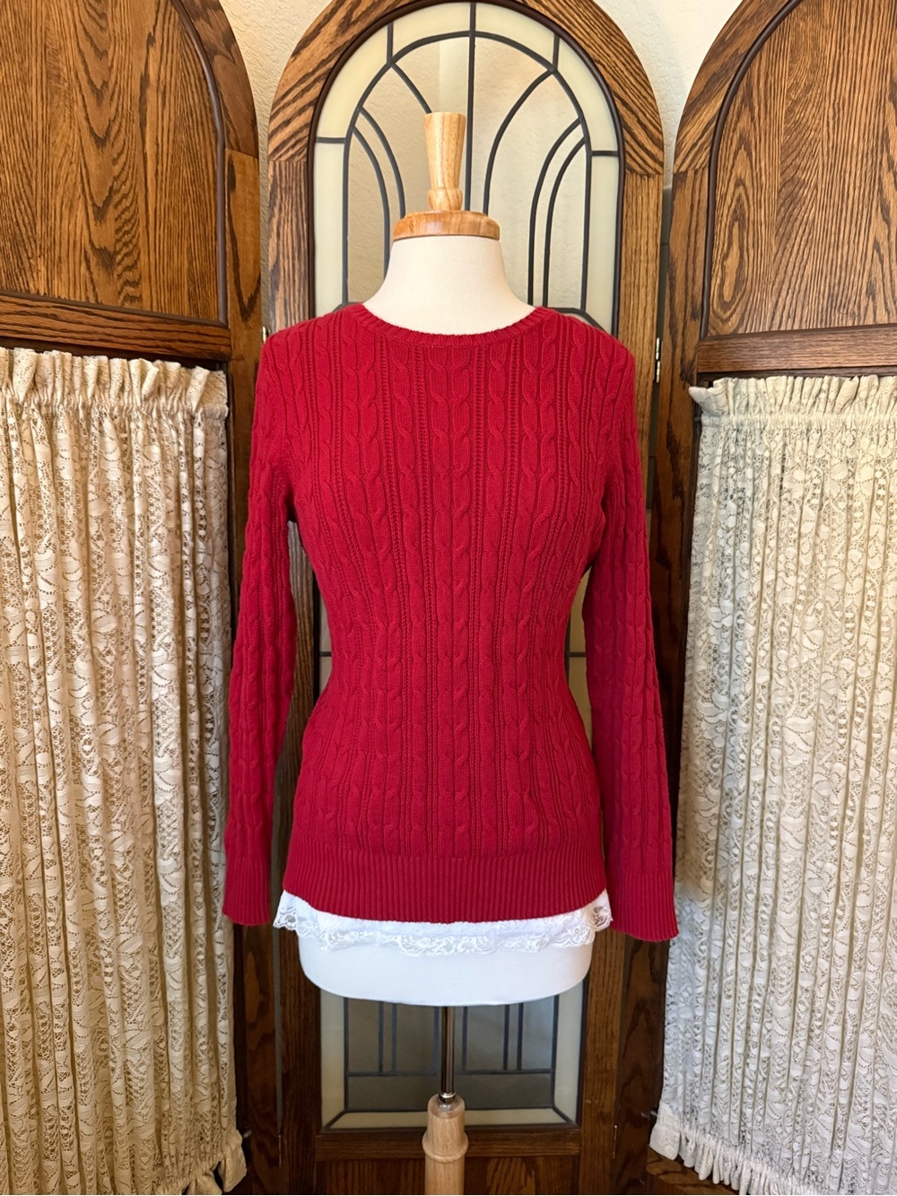 Red Cable-Knit Crewneck Sweater